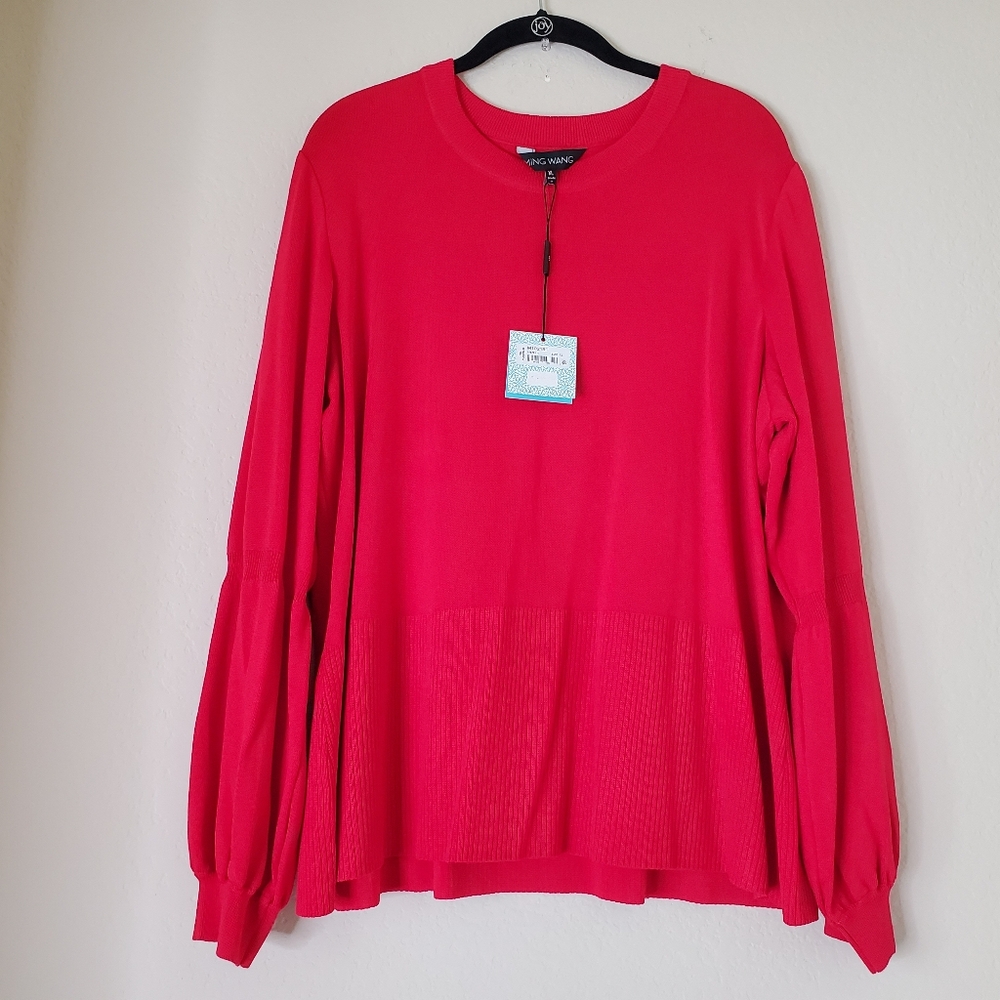 Ming Wang Check Bishop Sleeve Knit Top Womens Size XL Red Classic